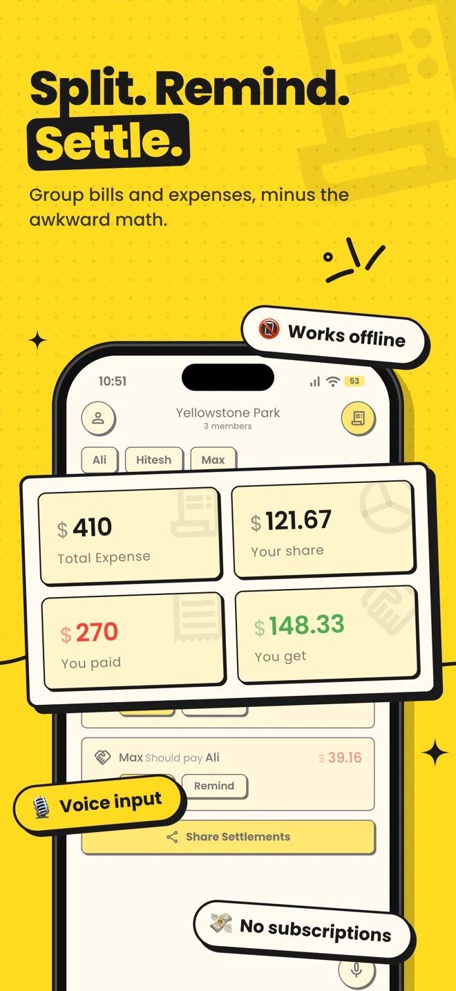 Group dashboard showing total expense, your share and who you get back