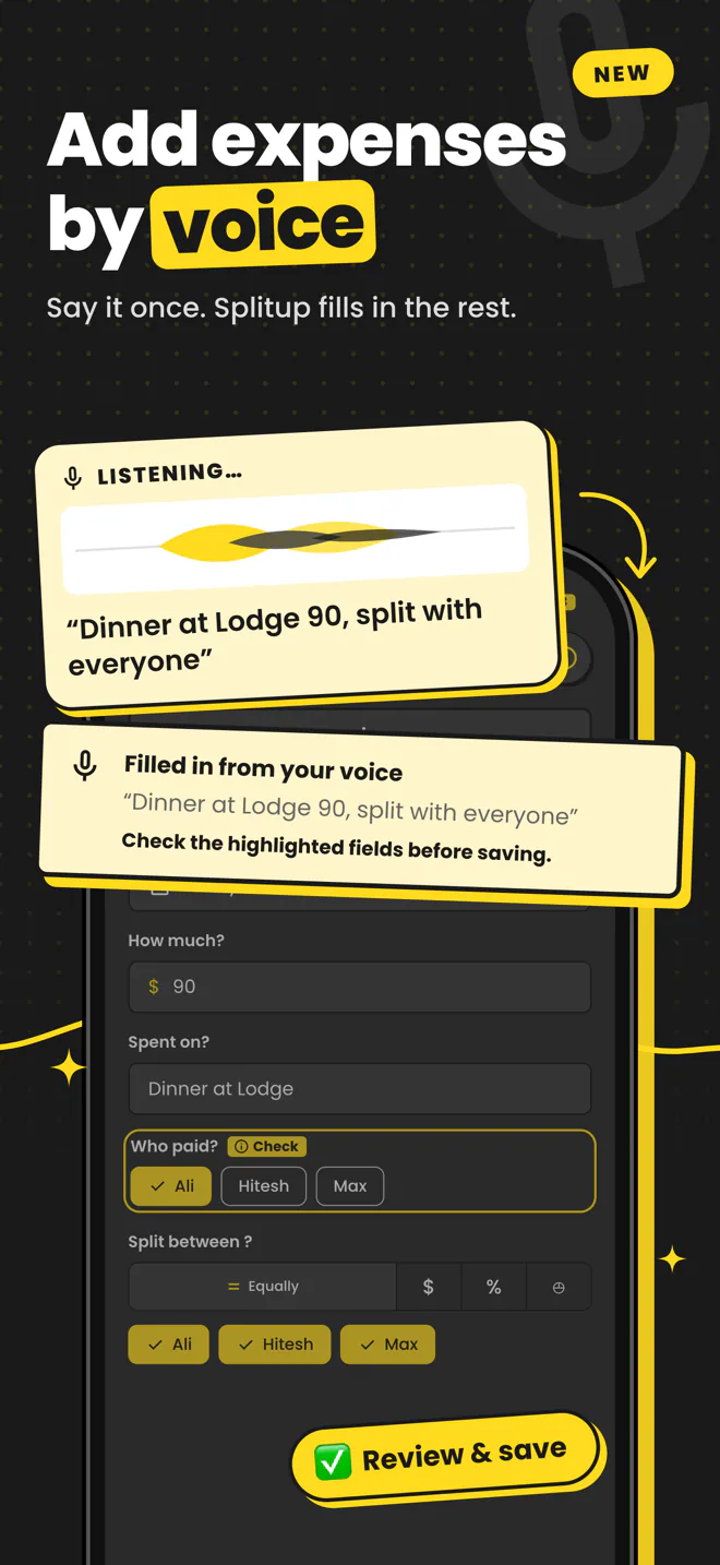 Adding an expense by voice, with Splitup listening and transcribing