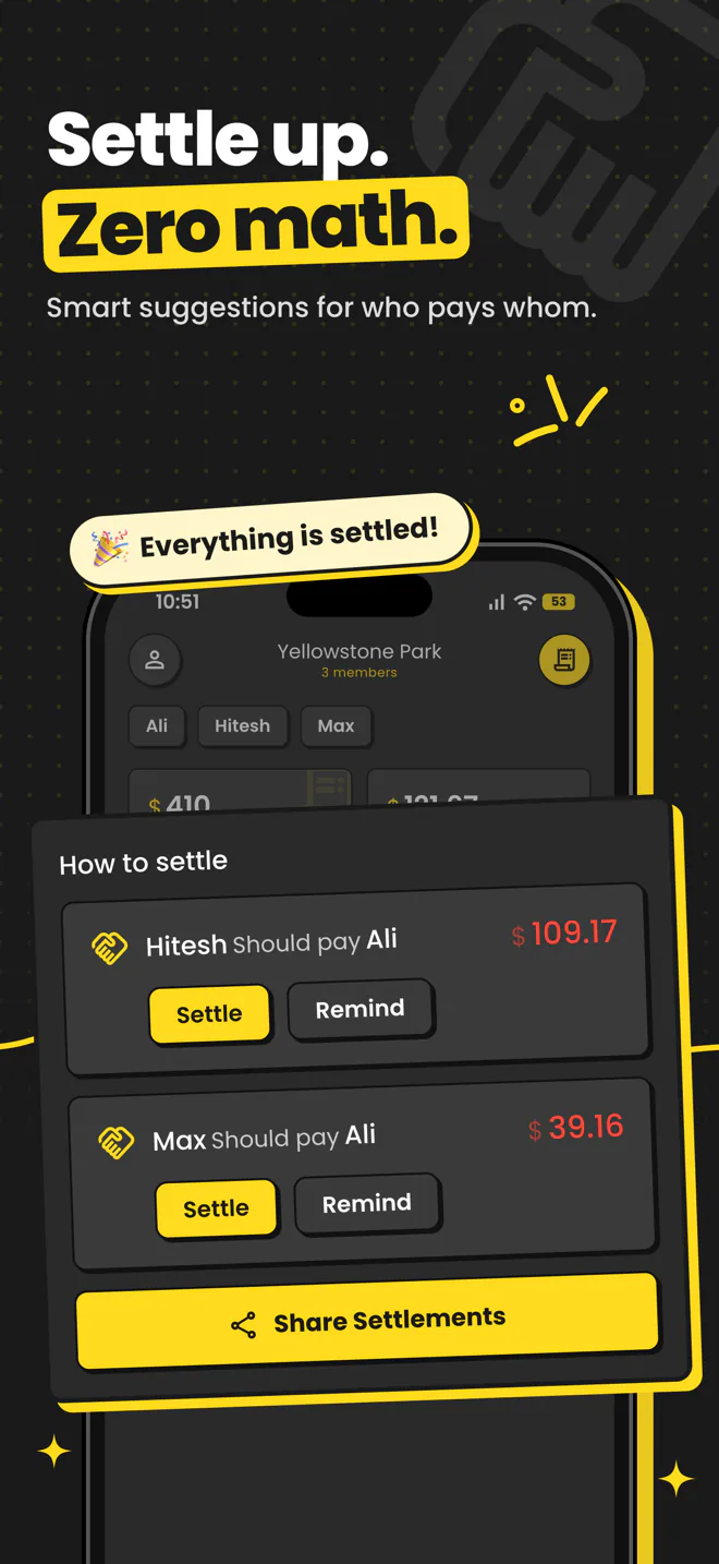 Settle up screen with suggested payments between members