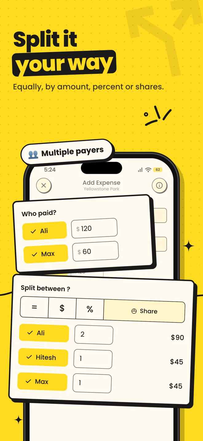 Split options: equally, by amount, percent or shares