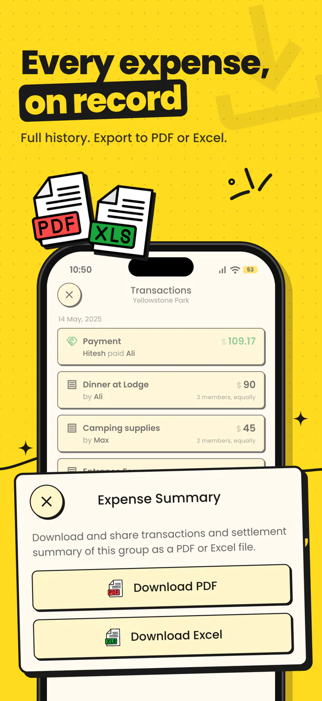 Exporting the full transaction history to PDF or Excel