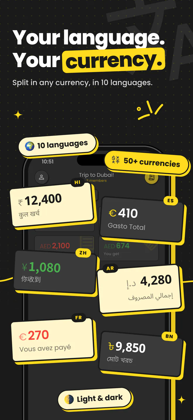 Language, currency and light or dark theme settings